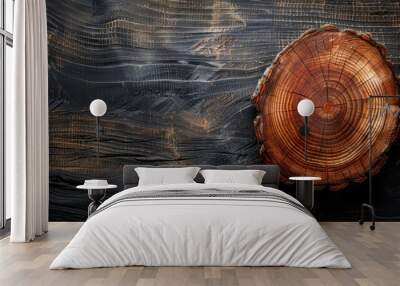 Detailed image showing the rings and textures of a cross-section of a tree trunk placed on a dark wooden background, highlighting nature's beauty Wall mural