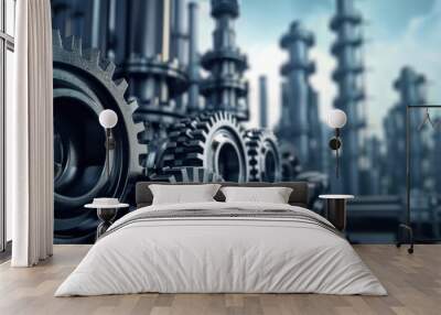 Gears and machinery in an industrial setting background. Wall mural