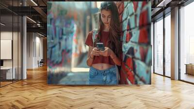 Girl Using Smartphone in School Hallway, casual student look, social media engagement
 Wall mural