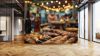 Group of friends making barbecue in the backyard at dinner time. Wall mural