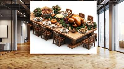 Holiday dining table featuring a roasted turkey, seasonal fruits, and candles with elegant wooden chairs: Thanksgiving dinner, festive celebration, classic table setting.
 Wall mural