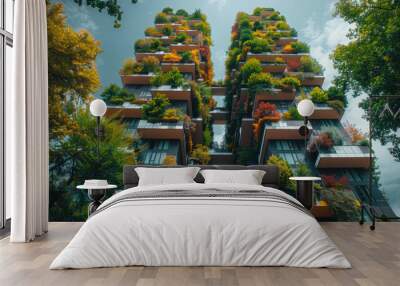 modern and ecological skyscrapers with many trees on each balcony. Bosco Verticale. Modern architecture, vertical gardens, terraces with plants. Green Planet. Blue sky. Wall mural