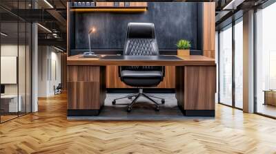 Modern office setup featuring a sleek desk, ergonomic chair, and minimalistic decor. Wall mural