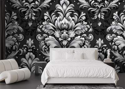 Ornate black and white floral pattern with intricate details for decorative use. Wall mural