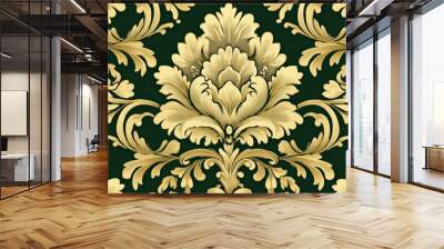 Ornate floral pattern in gold on a dark green background, ideal for wallpaper or fabric design. Wall mural