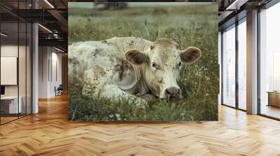 Pale cow resting in a field, appearing sick and weak, with drooping ears and a tired expression, lying among grass and flowers in a melancholic rural setting.
 Wall mural