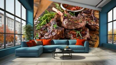 Perfectly grilled delectable lamb chops set on a wooden board with rosemary and spices Wall mural