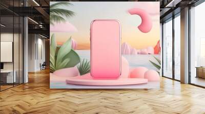 Pink phone with abstract background on tropical island Wall mural