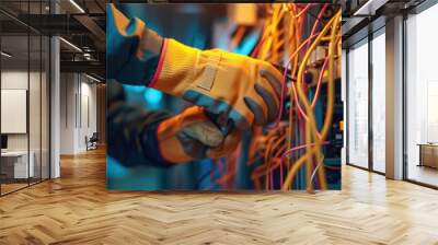 Precision at work: A close-up shot of an electrician diligently repairing wiring and electrical equipment. Wall mural