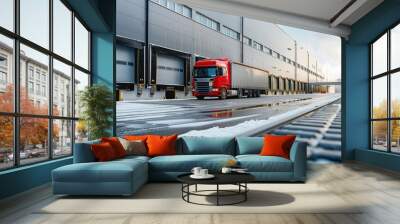 Red delivery truck parked at a warehouse dock with snowy ground and rail tracks Wall mural