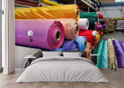 Rows of vibrant colorful rolls of fabric lined up in a warehouse, showcasing an array of textiles and materials Wall mural