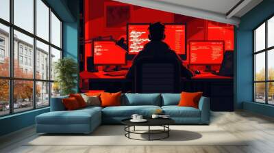 Silhouette hacker coding in dark room with multiple screens, red hue Wall mural