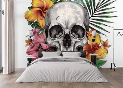 Skull and flowers t-shirt design isolated on white Wall mural