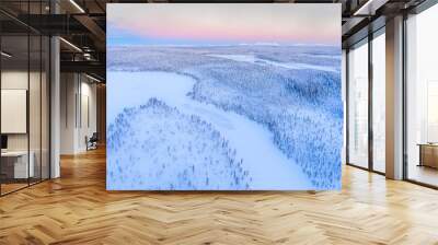 Snow covered lake and forest winter landscape showing amazing Lapland scenery in Scandinavia in Finland drone Wall mural