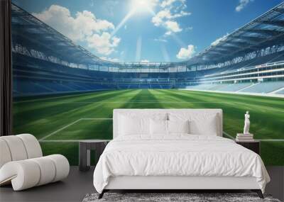 Soccer or football field in a large stadium captured in a wide-angle drone shot, with a beautiful clear sky Wall mural