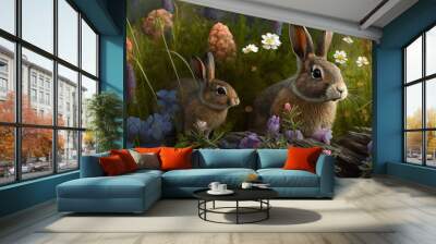 Spring bunnies in a field of wild flowers Wall mural