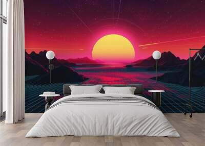 Sun and landscape in a retro background, characterized by vintage colors and minimalist shapes. Wall mural