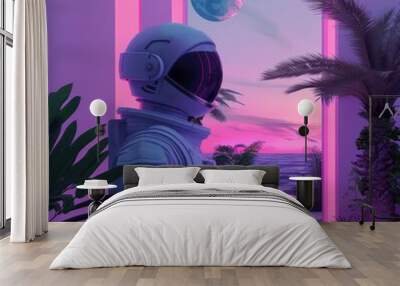 The modern cover art showcases a vaporwave-style astronaut in holographic chrome, rendered using Cinema 4D, blending elements of online culture, tropical baroque, and surrealism. Wall mural