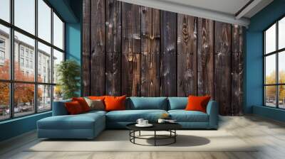 This image captures weathered brown wooden planks with a variety of knots and natural defects Wall mural