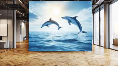 Two dolphins leap gracefully above the shimmering ocean, illuminated by the sun in a serene, aquatic scene. Wall mural