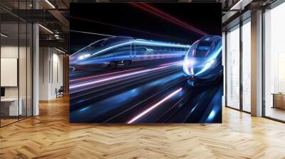 Two high-speed trains captured in a motion-blurred neon-lit tunnel, showcasing modern transportation and technology Wall mural