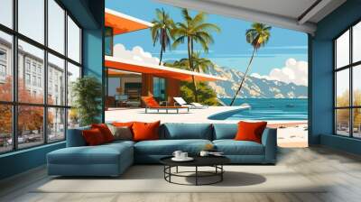 Vector art depicting a vibrant mid-century modern beach scene Wall mural