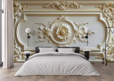 Victorian-style decorative frame background with white-golden 3D wallpaper for the ceiling, creating an elegant ambiance. Wall mural