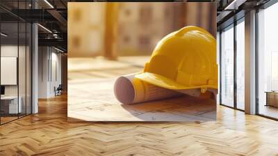 yellow construction helmet placed on a rolled-up blueprint, atop a flat blueprint. Wall mural