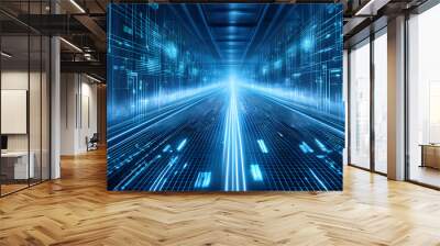 A futuristic digital grid with glowing lines converging into the distance Wall mural