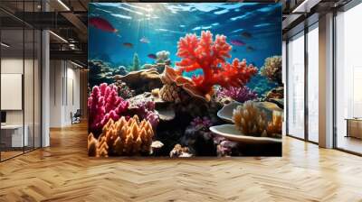 A school of brilliant parrotfish swimming among the coral formations, their vibrant colors contrasting against the backdrop of the coral reef, showcasing the dynamic energy of the underwater ecosystem Wall mural