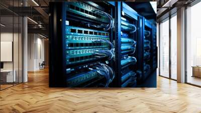 A shot of the network backbone in a server farm, with neatly organized cables and switches, illustrating the intricate connectivity that enables seamless data transfer | ACTORS: None | LOCATION TYPE: Wall mural