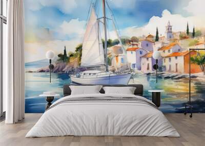 A vibrant white sail boat is docked in a serene harbor with Mediterranean village houses. Aquarel. Wall mural