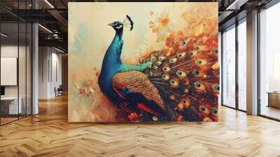 An image portraying a peacock displaying its vibrant feathers in a display of beauty and elegance, symbolizing its pride and magnificenc Wall mural