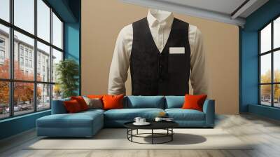 Black waiter uniform mockup vest over white shirt with name badge Wall mural