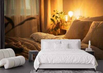 Cozy bedroom with comfortable bed and warm ambient lighting Wall mural