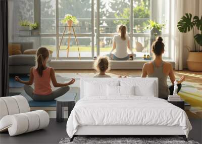 Family workout in spacious living room with exercise mats Wall mural