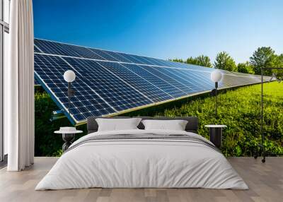 Field of solar panels under clear blue sky with sunlight reflection, representing renewable energy and environmental conservation Wall mural