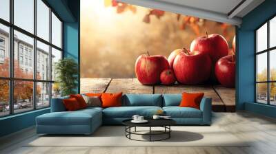 Food banner with freshly picked apples on rustic table, warm tones, soft background, copy space at top Wall mural