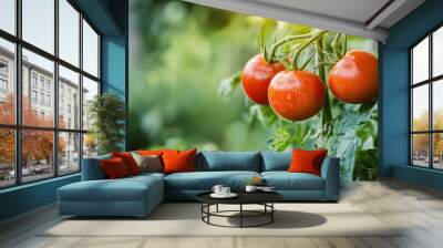 Fresh ripe tomatoes on the vine in a green vegetable garden Wall mural