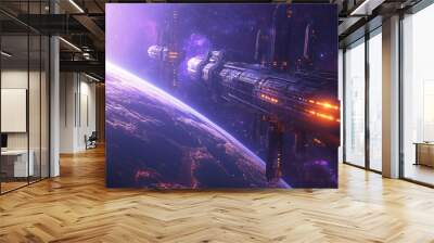 Futuristic space station orbiting a distant planet with glowing lights Wall mural