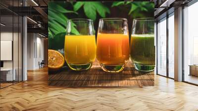 Glasses with fresh organic fruit juices. tropical atmosphere Wall mural