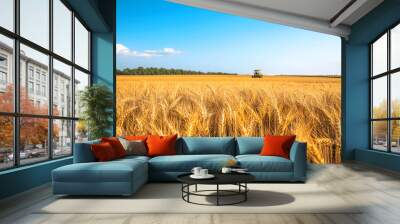 Golden wheat field with tractor under clear blue sky Wall mural