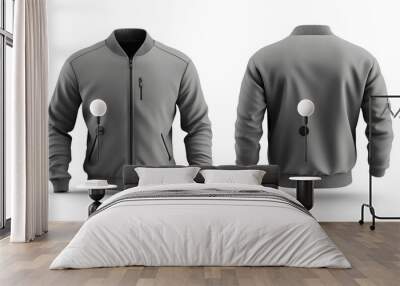 Grey zip-up jacket mockup, front and back view, isolated on white Wall mural