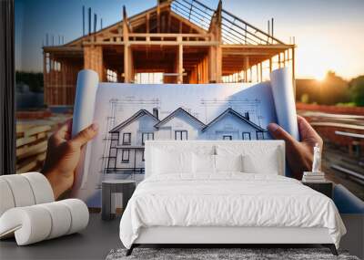 Hands Holding a Blueprint Over a Construction Site Wall mural