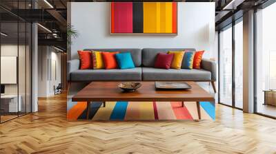 Mid-century modern living room with multicolored furniture and gray sofa Wall mural