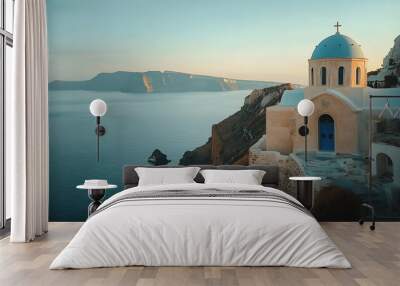 Picturesque Greek Orthodox church with blue dome overlooking Aegean Sea Wall mural