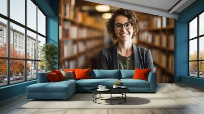 Portrait of a librarian in a library smiling with bookshelves in the background Wall mural