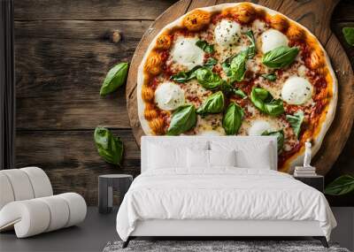 Rustic pizza with fresh basil and mozzarella on wooden table, space for pizzeria promotion or recipe card Wall mural