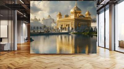 Sikh gurdwara with golden domes and reflective pool, surrounded by green gardens Wall mural