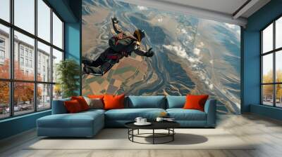 Skydiver in free fall with panoramic view of fields and mountains Wall mural